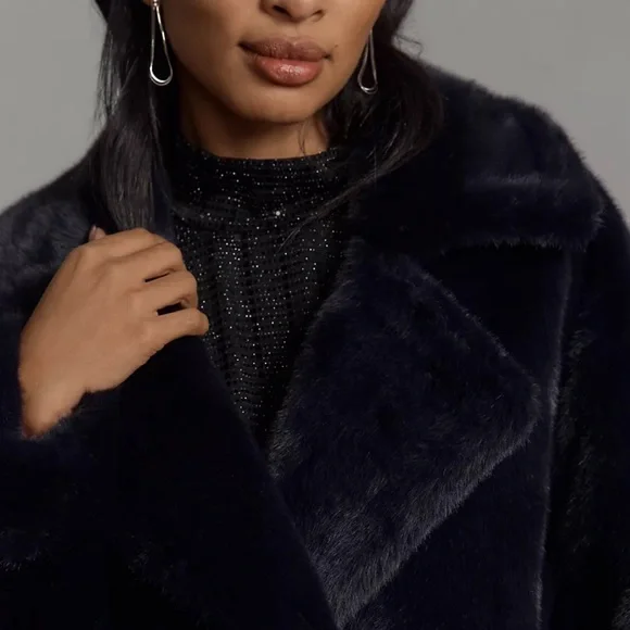 NWT | ANTHROPOLOGIE Avec Les Filles Deep Navy Luxe Faux-Fur Blue Mink Long Coat - Picture 2 of 11